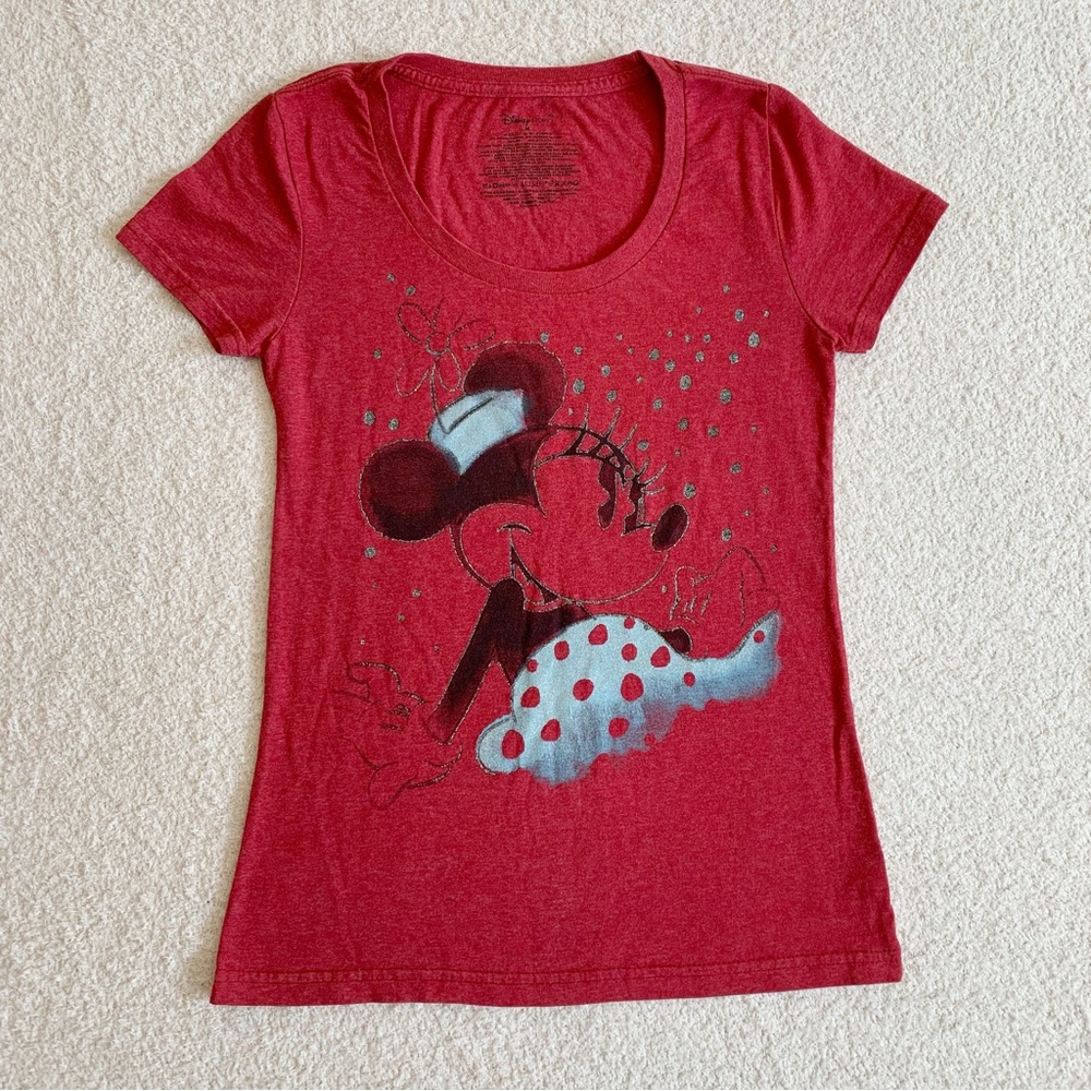 Disney Minnie Mouse Sparkle Red T-shirt Sz M Short Sleeve Scoop Neck Fitted Tee